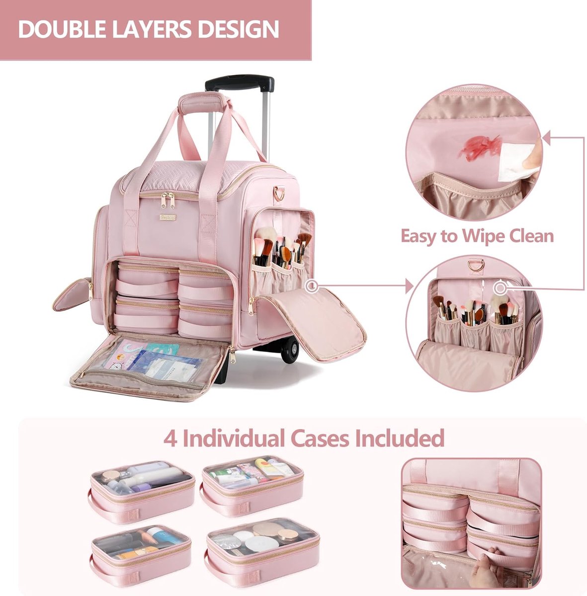 Cosmetic case met wielen - Professionele make-up tas - Roze - Ideaal voor make-up artiesten - ShopVlot