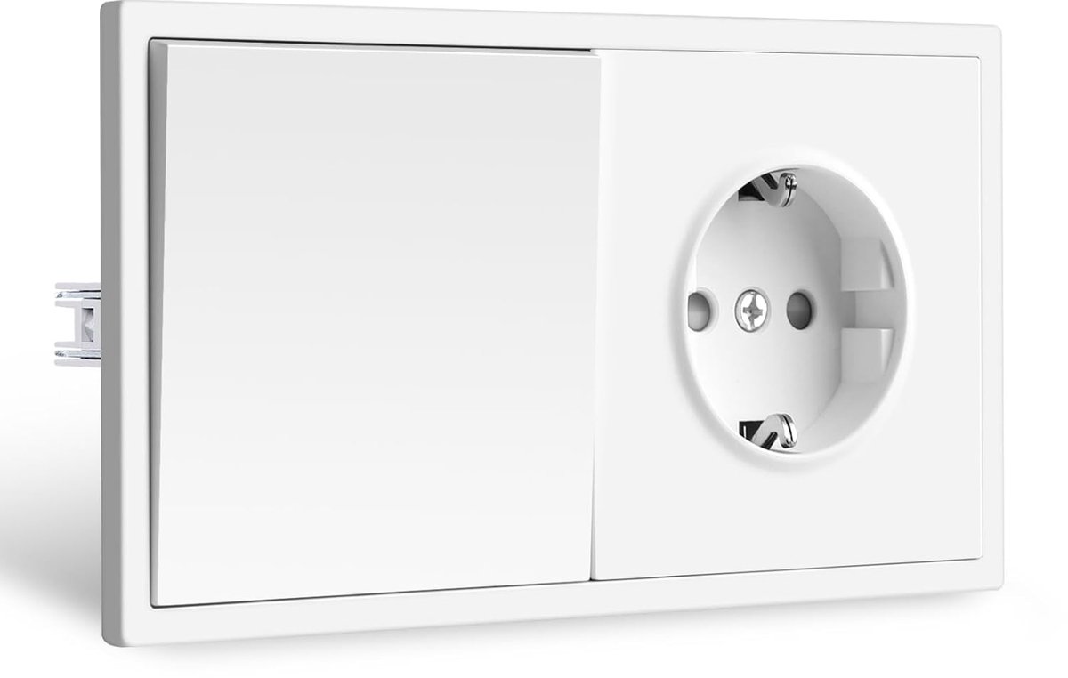 Lichtschakelaar met stopcontact, dubbel stopcontact, wit stopcontact met lichtschakelaar, inbouw, wandstopcontact