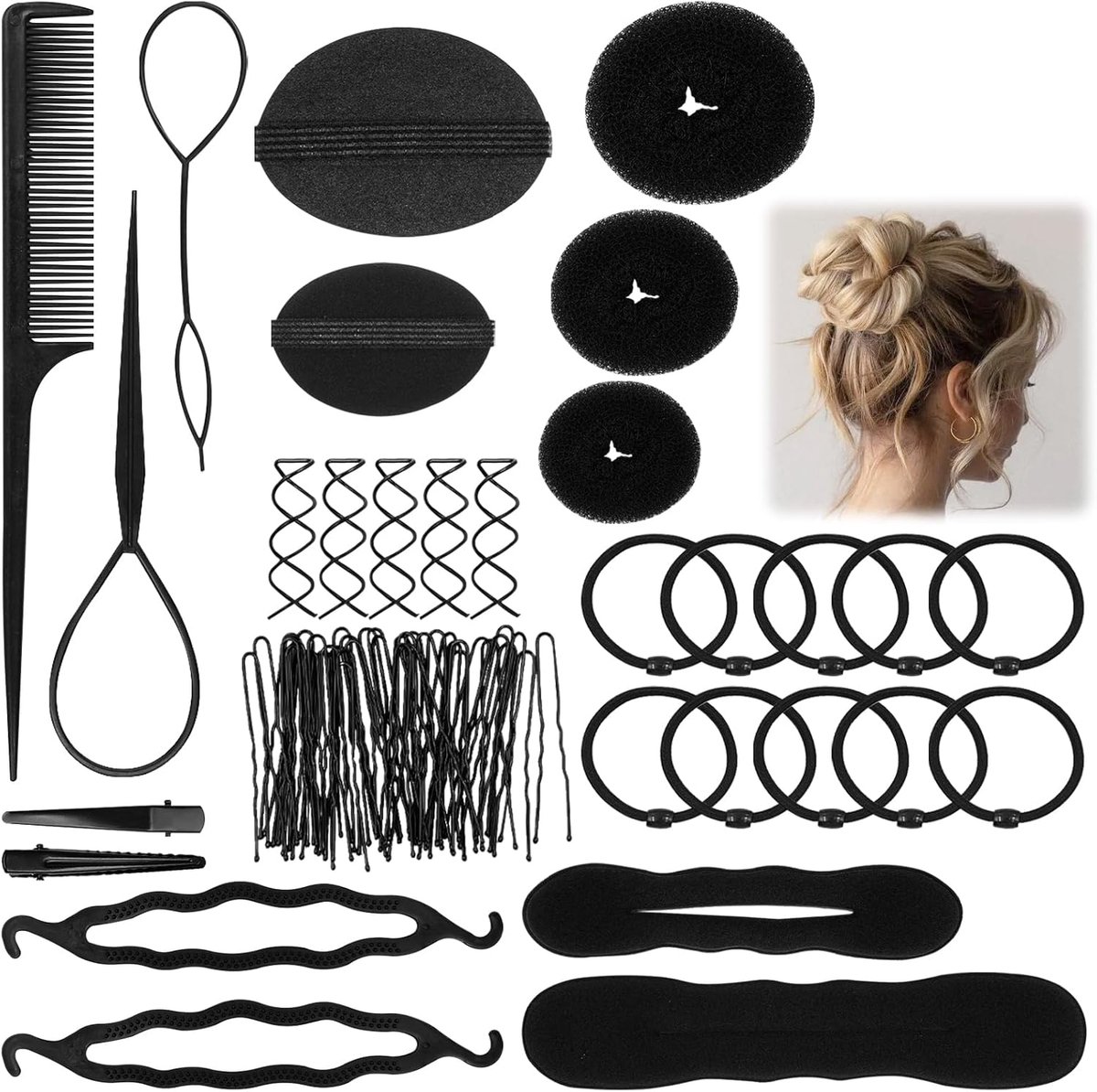 & haaraccessoireset, doe-het-zelf knotmaker & vlechthulp voor opgestoken kapsels, paardenstaart en vlechten, kapselhulp voor dames, gemakkelijk te gebruiken (zwart)