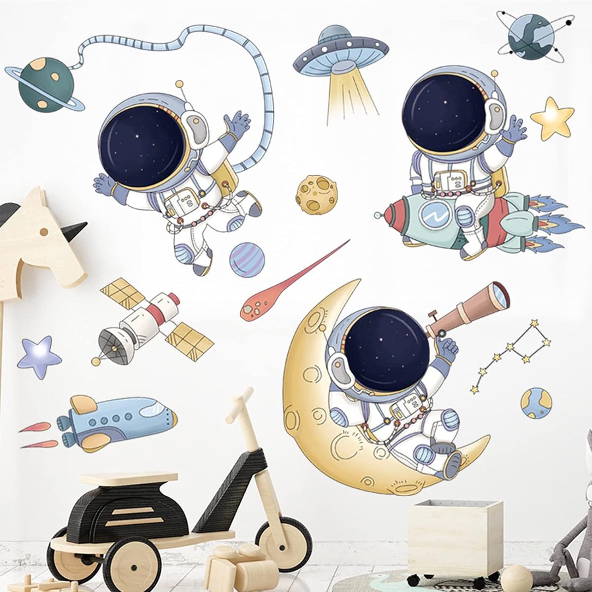 SnelShoppen - XXL WandSticker Ruimte ASTRONAUT Kinderkamer | Wanddecoratie 87 x 79 cm | Zelfklevende Muurstickers voor Jongens | Ruimtevaart, Maan, Ru