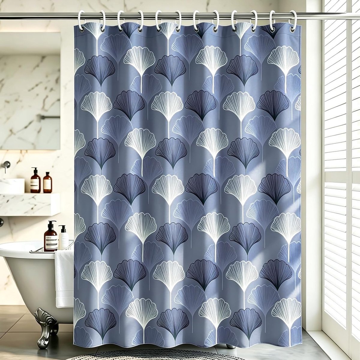 SnelShoppen - Douchegordijn Grijs Blauw Ginkgo Blad Planten 180 x 200 cm - Waterdicht Anti-Schimmel Polyester Inclusief 12 C-Ringen en Verzwaarde Onde