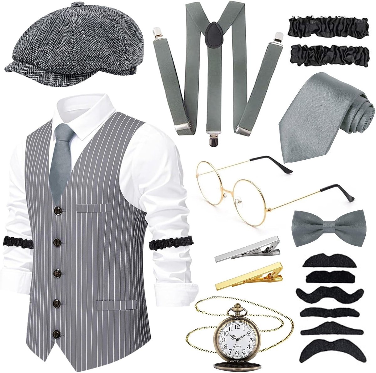 Retro 1920s Kostuumset voor Mannen met Vest, Hoed en Accessoires voor Feestjes en Themadagen