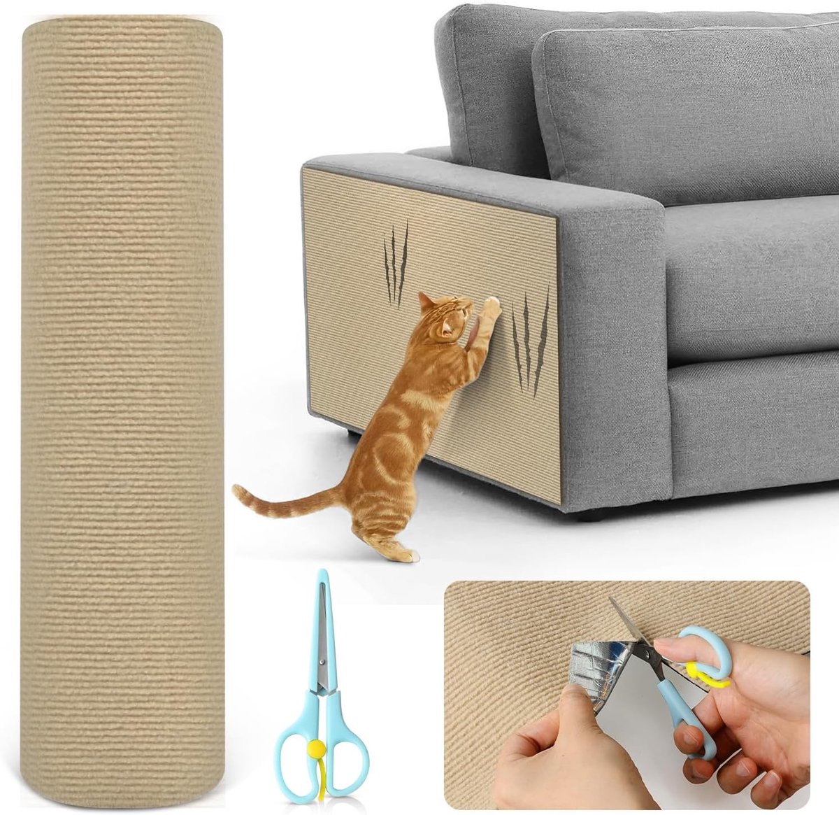 Krabtapijt voor katten, meubelbescherming, stickers voor katten, zelfklevende mat voor het krabben van katten, bank, katten, zelfklevend, voor muur, hoek en bank, 40 x 200 cm, kaki