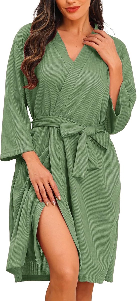 Korte kimono voor dames, met wafelpatroon, badjassen en ochtendjassen, zacht en licht, knielang, badjas met V-hals en riem