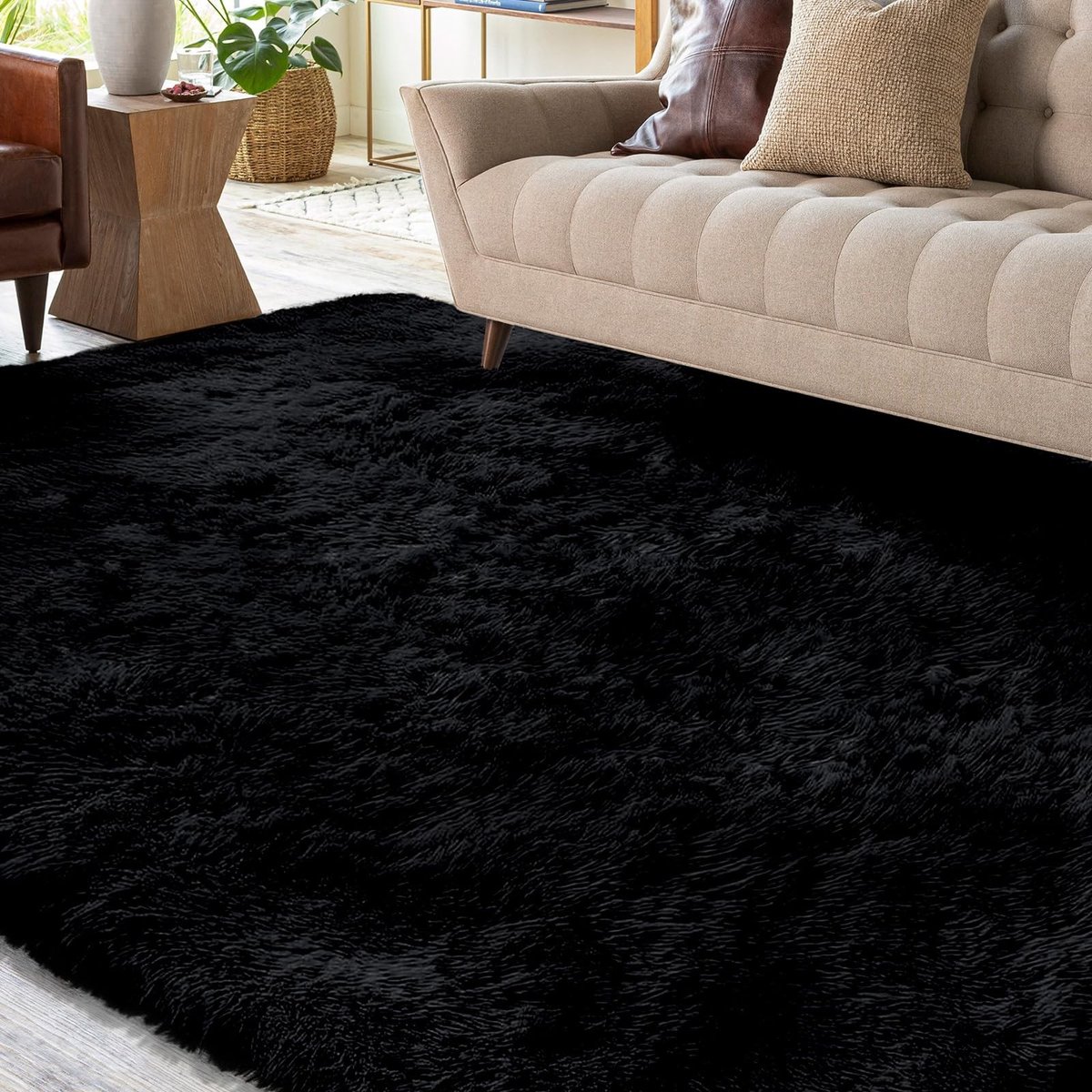 Omgoods - Fluffy Shaggy Tapijt 80x160 cm Zwart - Wasbaar, Zacht, Voor Woonkamer en Kinderkamer