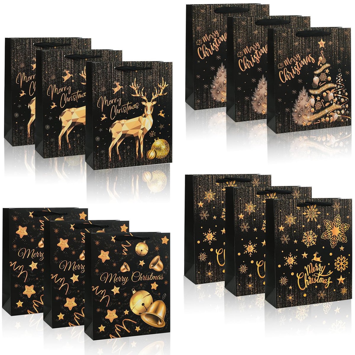 Omgoods - Kerst Cadeauzakken - Set van 12 Papieren Zakjes in Zwart en Goud