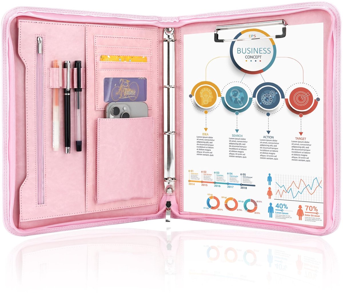 Omgoods - 4 Ring Schrijfmappen A4, Lederen Conferentiemap met Rits, Waterdicht, Roze