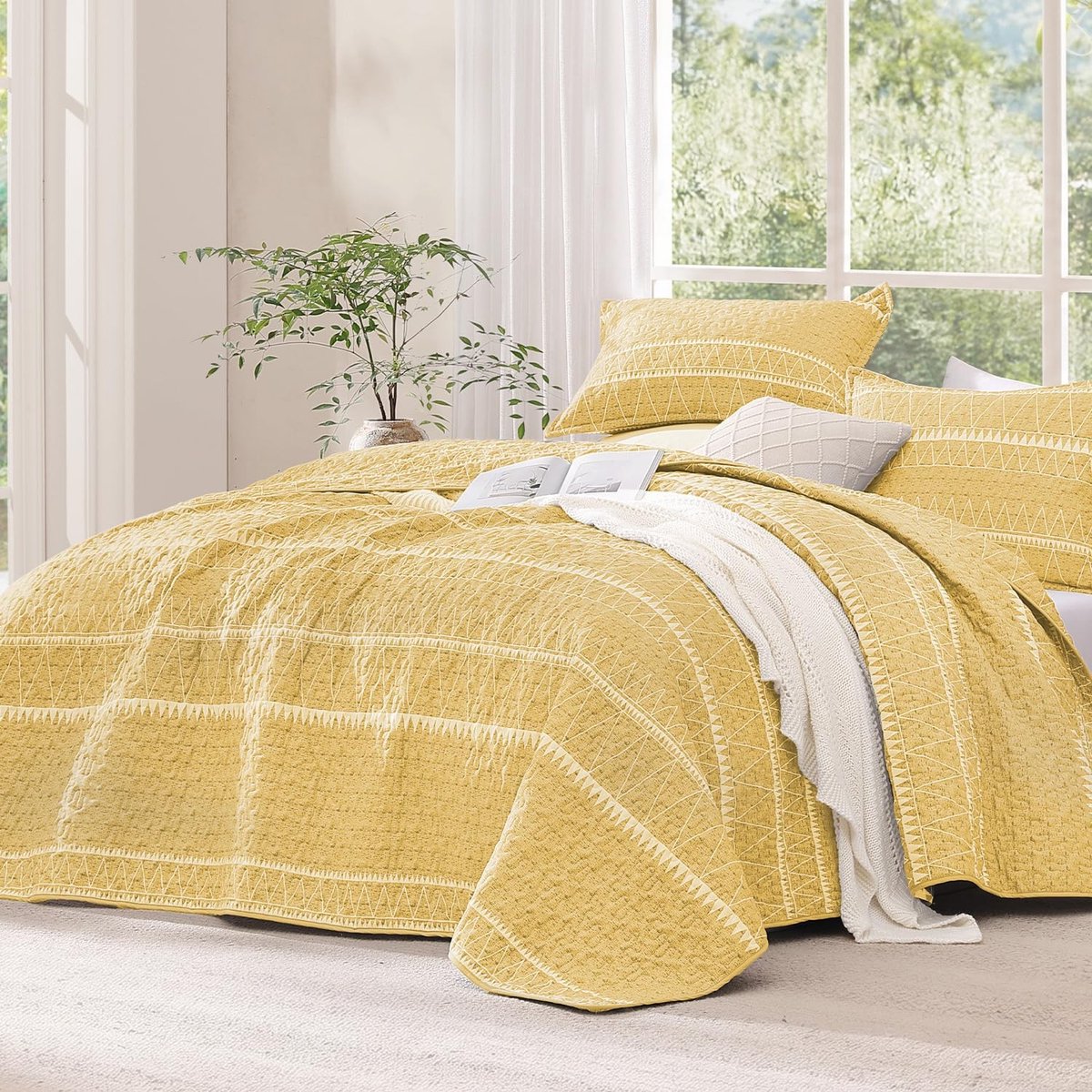 Omgoods - Gele Quilt Set King - 3-delige Bohemian Bedsprei 106x96 inch
