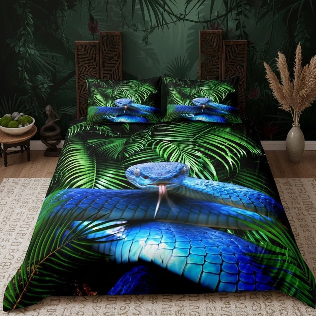 Omgoods - Duvet Cover Set met Blauwe Slang en Groene Palmbladeren - 135 x 200 cm