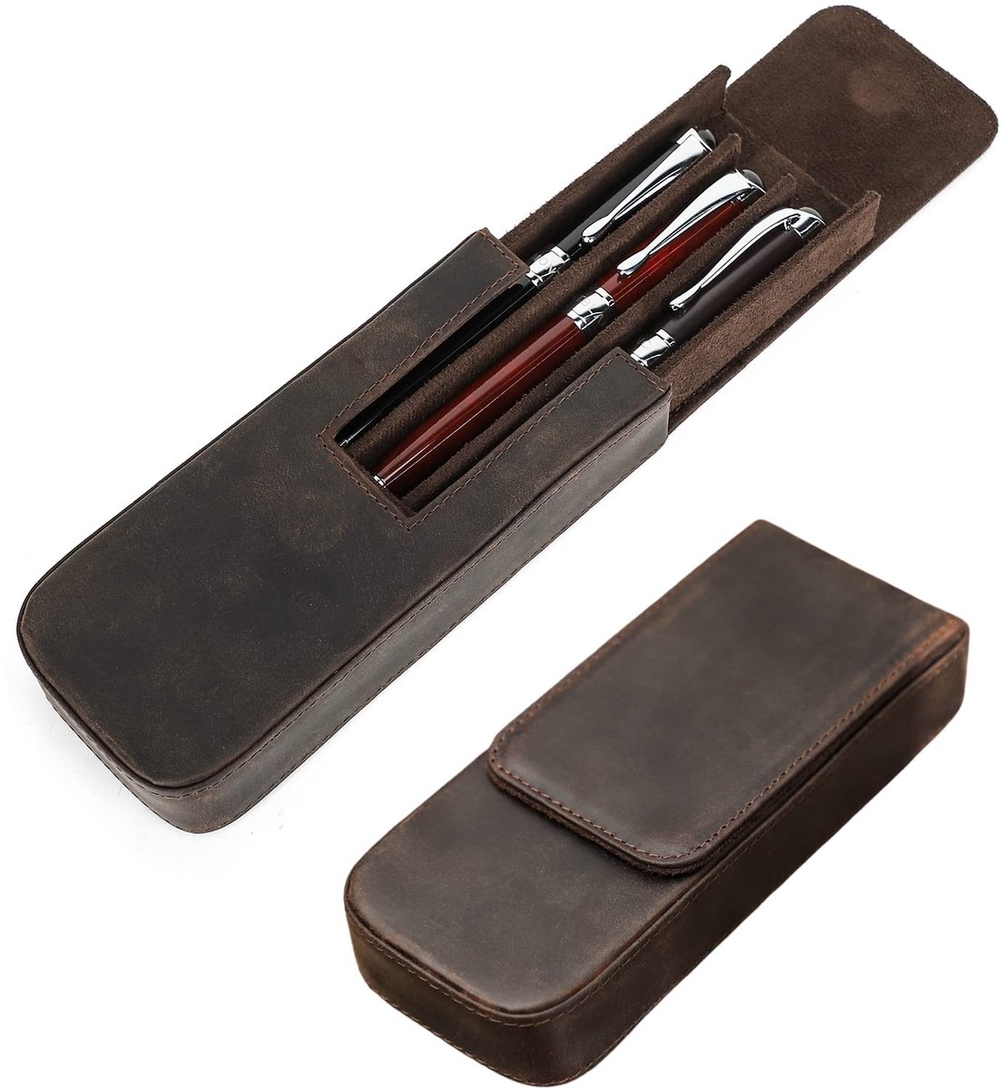 Omgoods - Echt Leren Pennen Etui - Vintage Houder voor 3 Pennen en Desk Accessoire