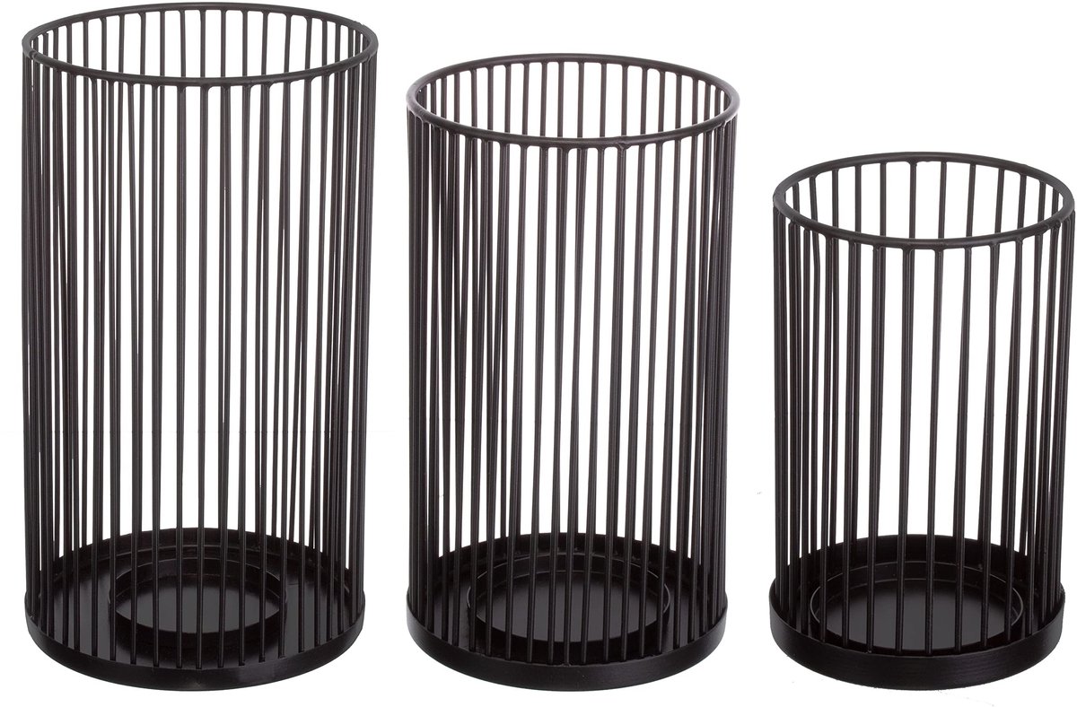 Omgoods - Set van 3 Windlichten, Metaal Zwart, Hoogtes 28, 23 en 18 cm