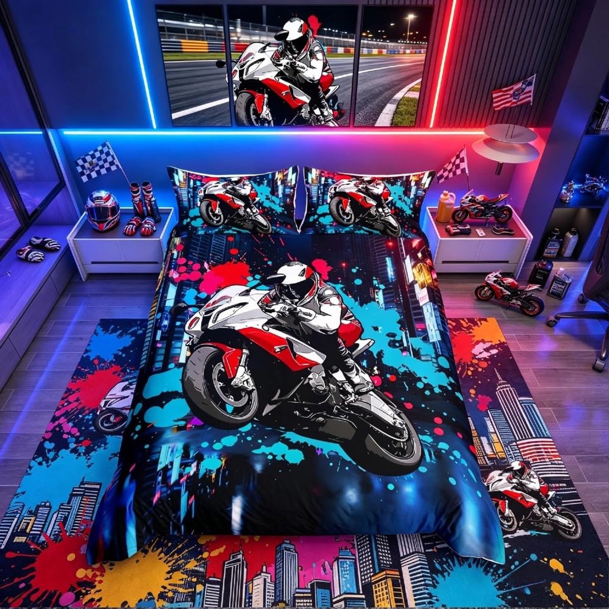 Omgoods - Blauwe Graffiti Dirt Bike Dekbedovertrek Set voor Kinderen - Dubbel