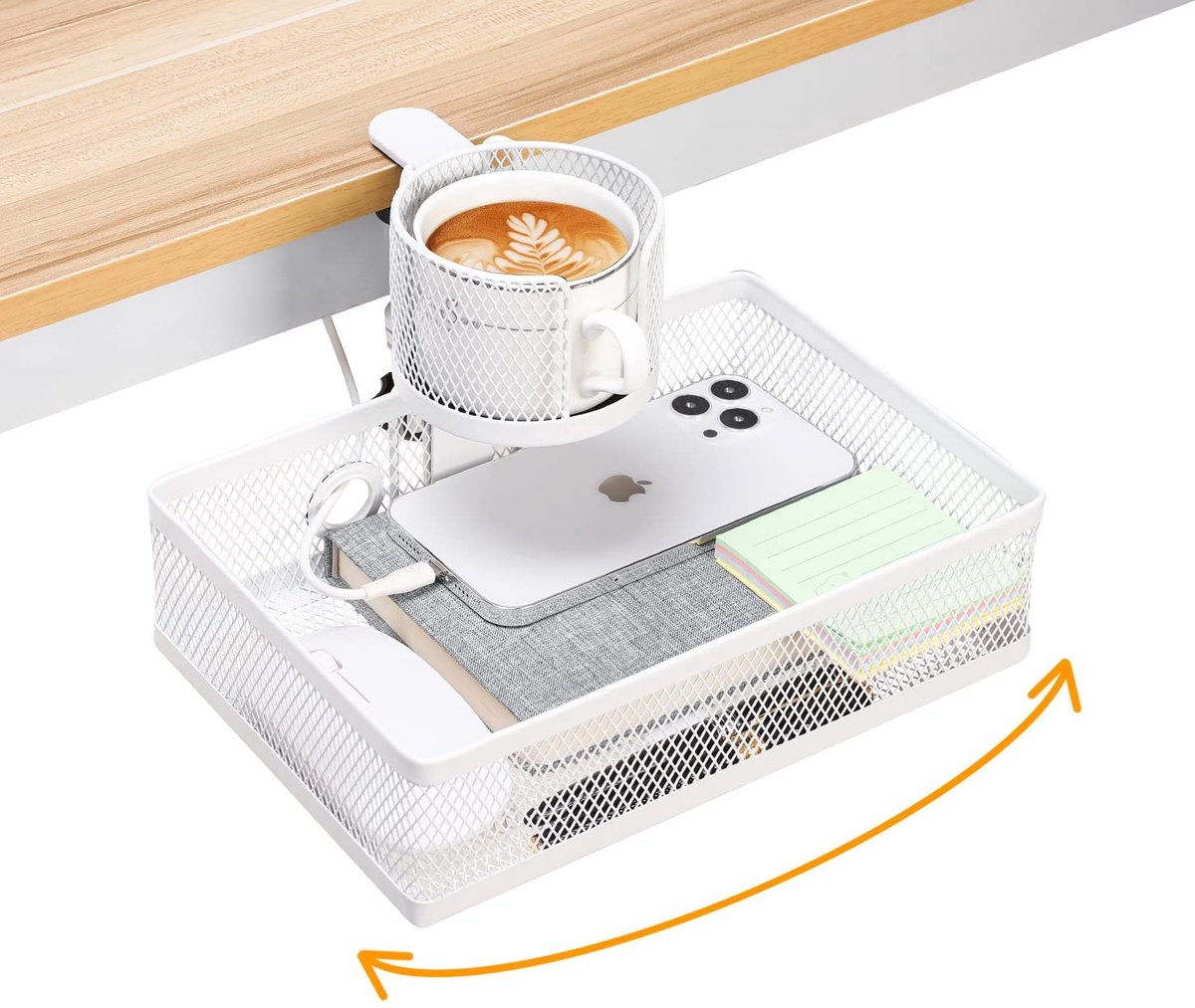 Omgoods - Bureau Organizer met Kopjeshouder - 360° Draaiend Onder Bureau Opslag (Wit)