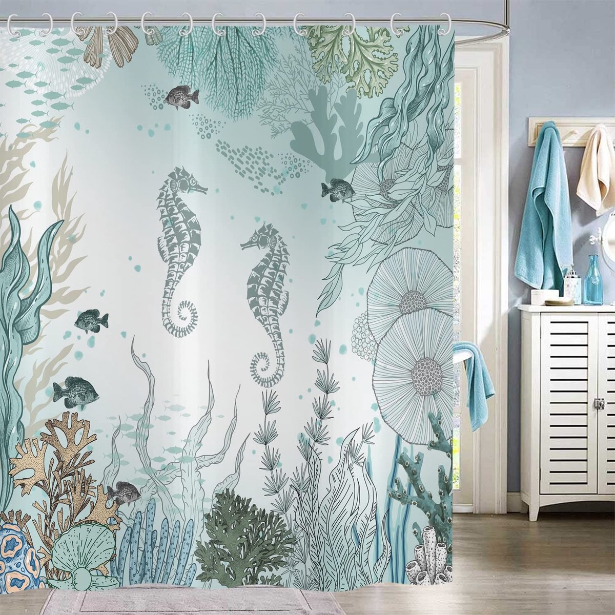 Omgoods - Douchegordijn 180x180 cm met Nautisch Zeepaard Ontwerp