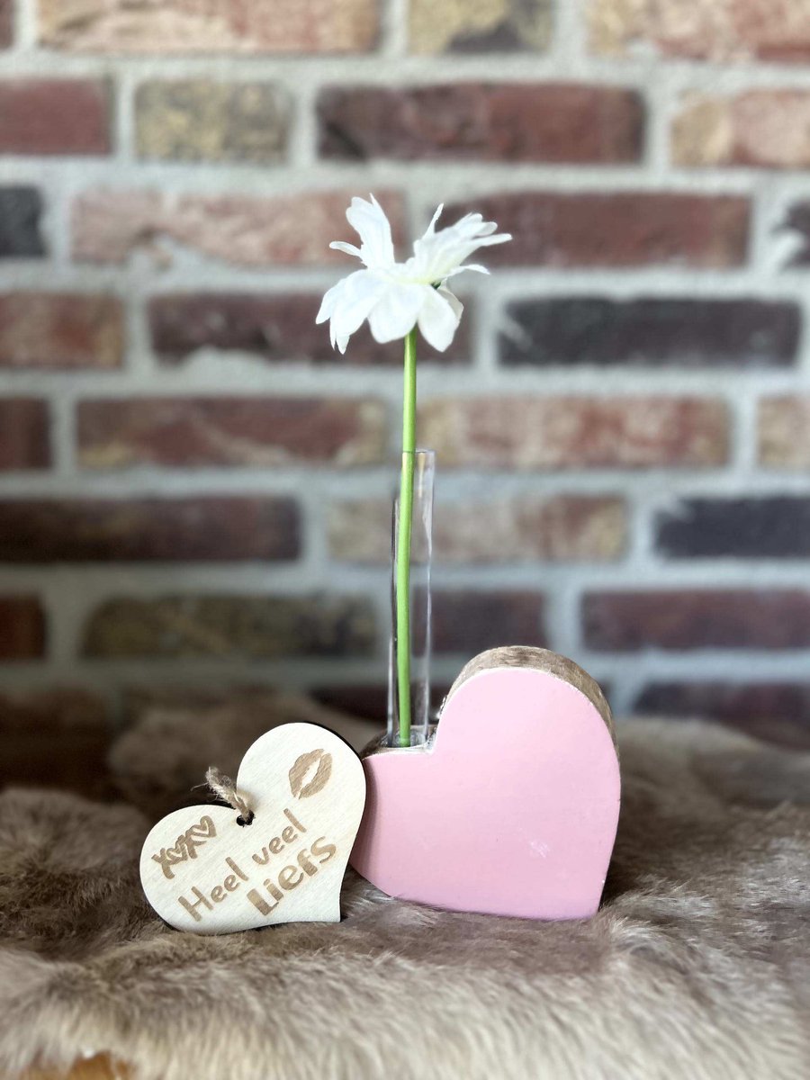 Creaties van hier – hart met reageerbuisje -10x10cm - naturel - baby roze - met houten hartje -
