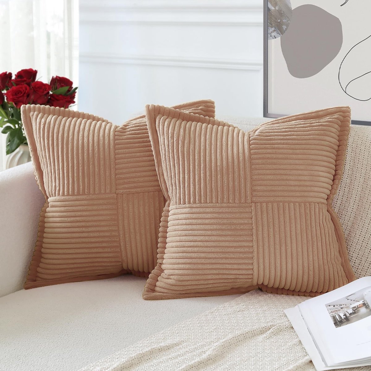 Omgoods - Set van 2 Corduroy Kussenslopen 60 x 60 cm Lichtbruin