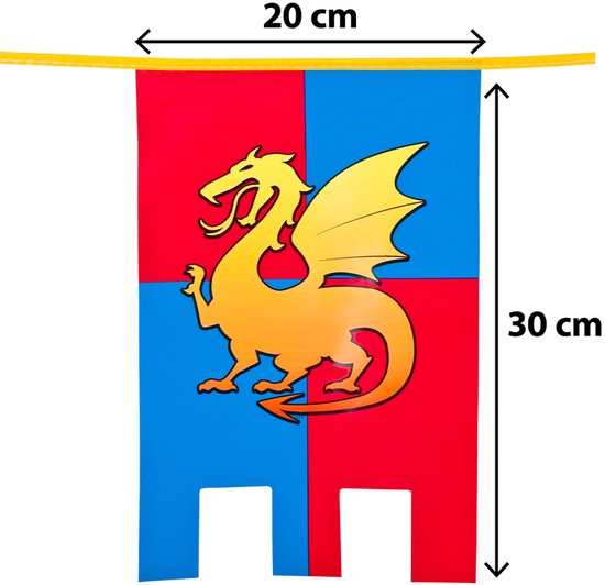 Een rood en blauw banier van 30 cm hoog met een gouden draak, 20 cm breed.