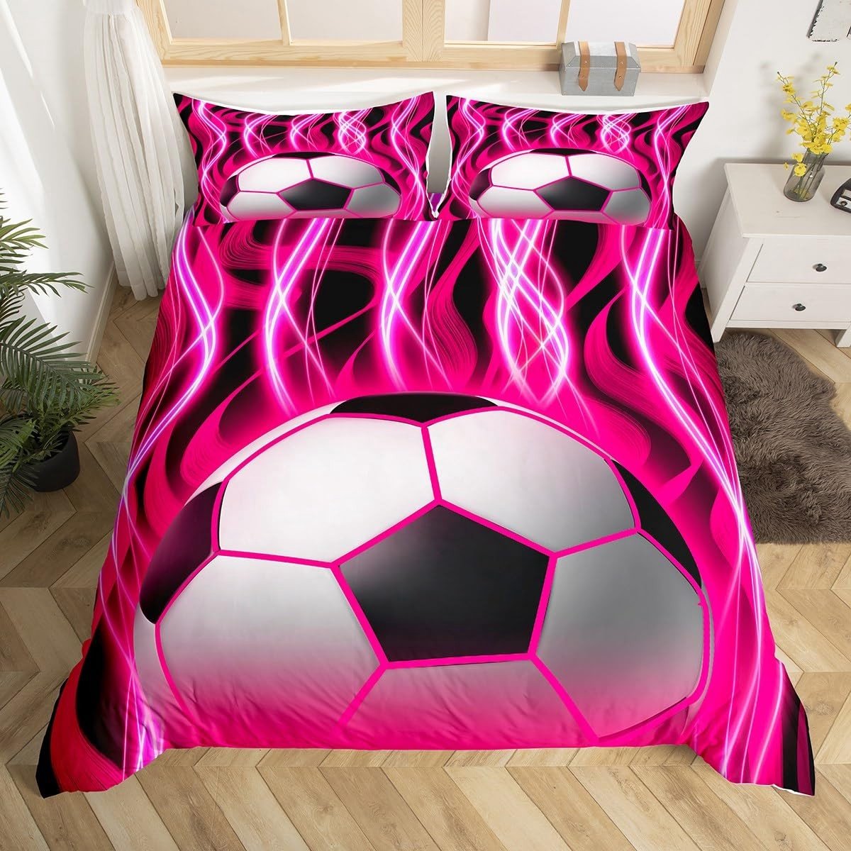 Omgoods - Voetbal Beddegoedset Voor Kinderen - Eenpersoons Dekbedovertrekset Neon Thema