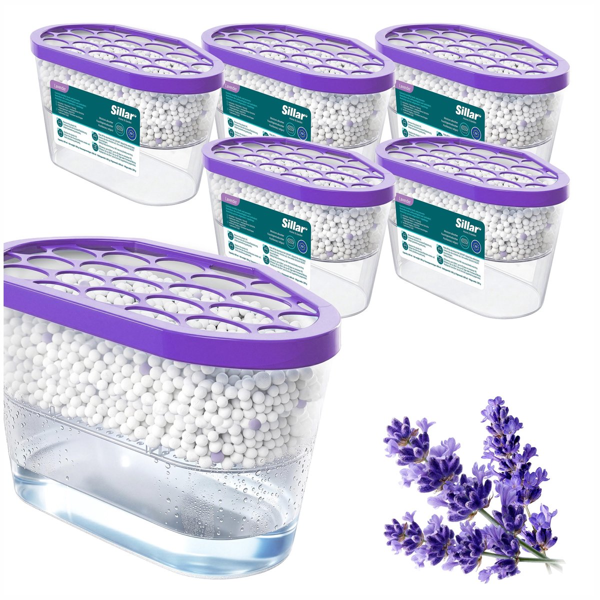 Sillar Set 6 vochtabsorbers 400ml - luchtontvochtiger - vochtopnemer voor kasten, kleerkasten, keuken, badkamer - lavendel