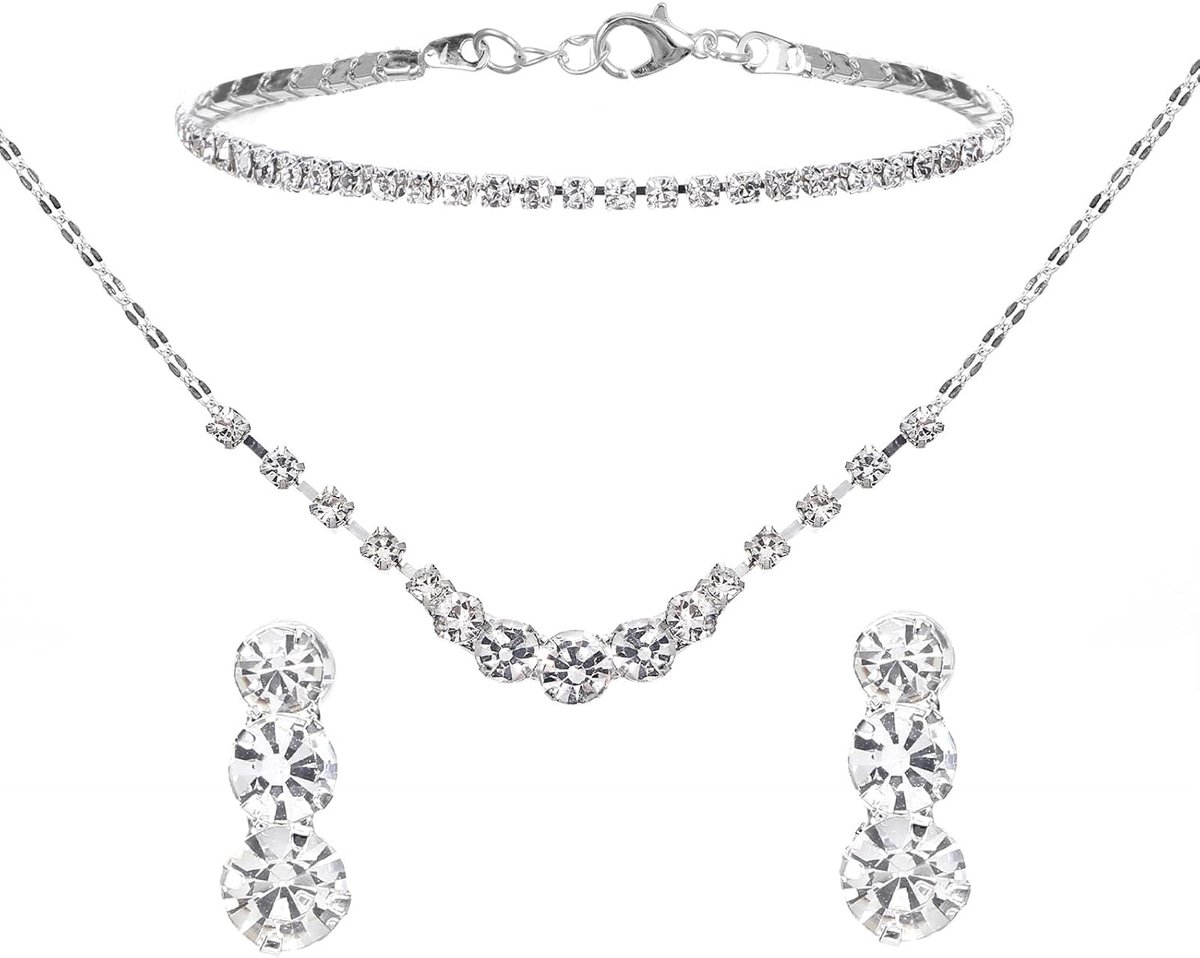 3-delige strass sieradenset voor vrouwen - kristallen bruiloftsketting, oorbellen en armbandenset voor bruid, bruidsmeisje, bal, feestkostuum sieraden