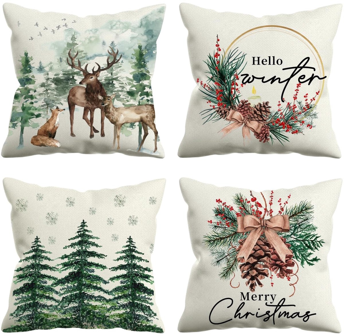 Omgoods - Set van 4 Kerst Kussenhoezen 45x45 cm met Dennenbomen en Rendieren
