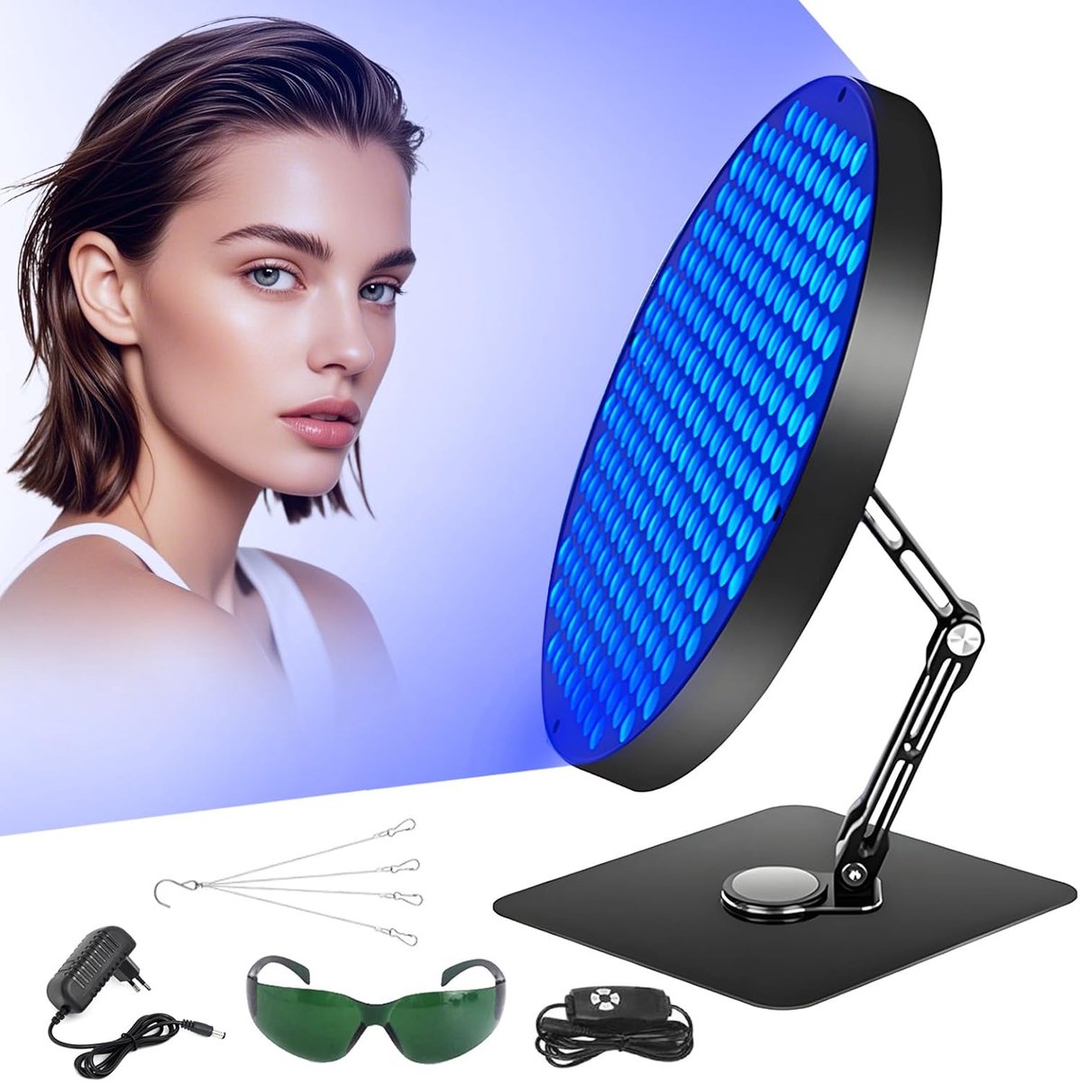 Bruiningslicht solarium, solarium voor thuis, 50 W, tafelblad, 460 NM, bruiningslamp met 250 leds, blauw licht, gezichtsbruiningslamp, 360 graden verstelbaar, gezichtssolarium met tijdschakelaar