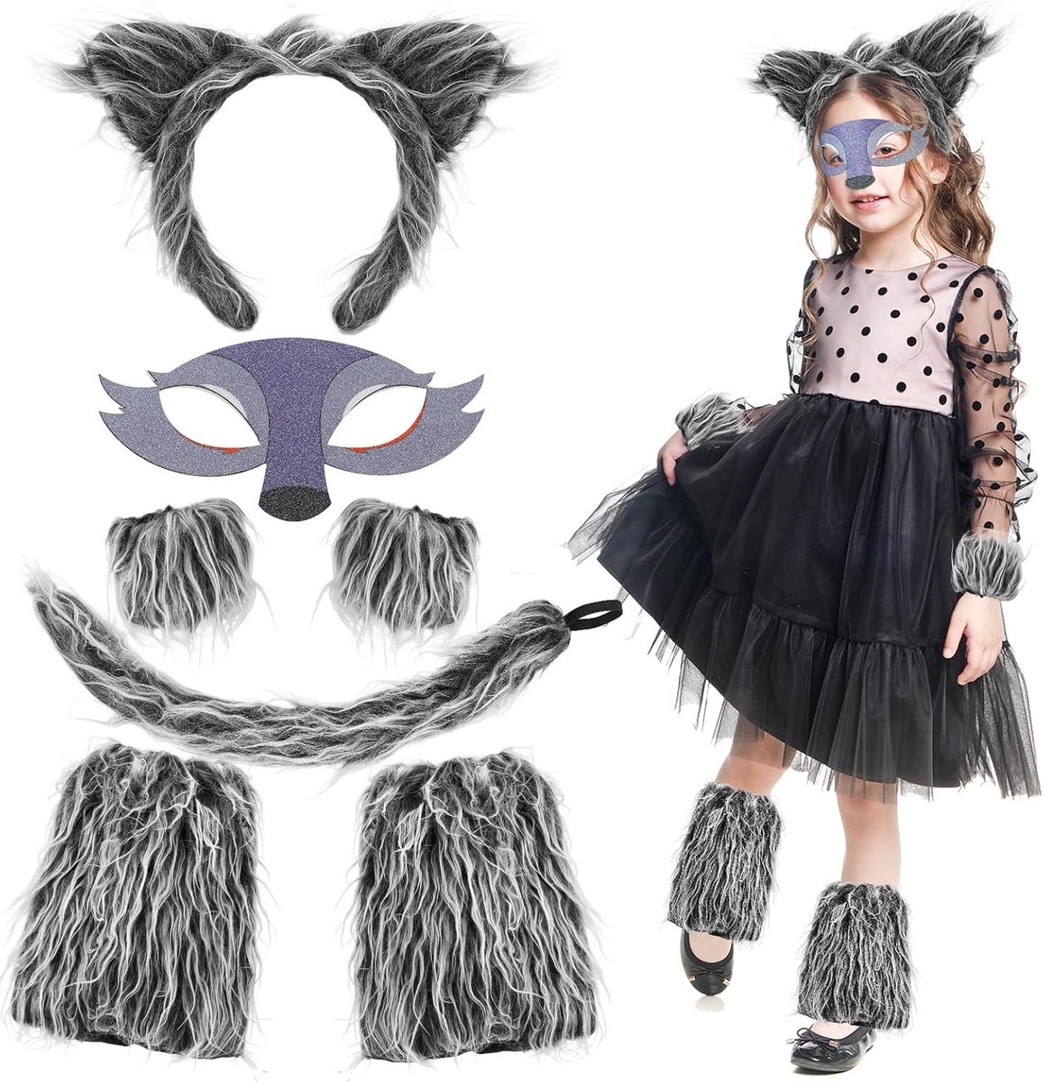 Kostuumset, wolvenoren en staart, set met wolf hoofdband, pluizige wolf, paws, staart, wolvenmasker voor dieren, Halloween, verjaardag, kostuum, feestjurk