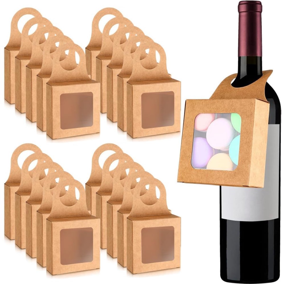 Omgoods- Wijnflesdozen 20 stuks - Cadeaudoos met venster - Cirkel haak ontwerp - Transparante opening - Eenvoudige installatie - Geschikt voor snoep/chocolade/koekjes