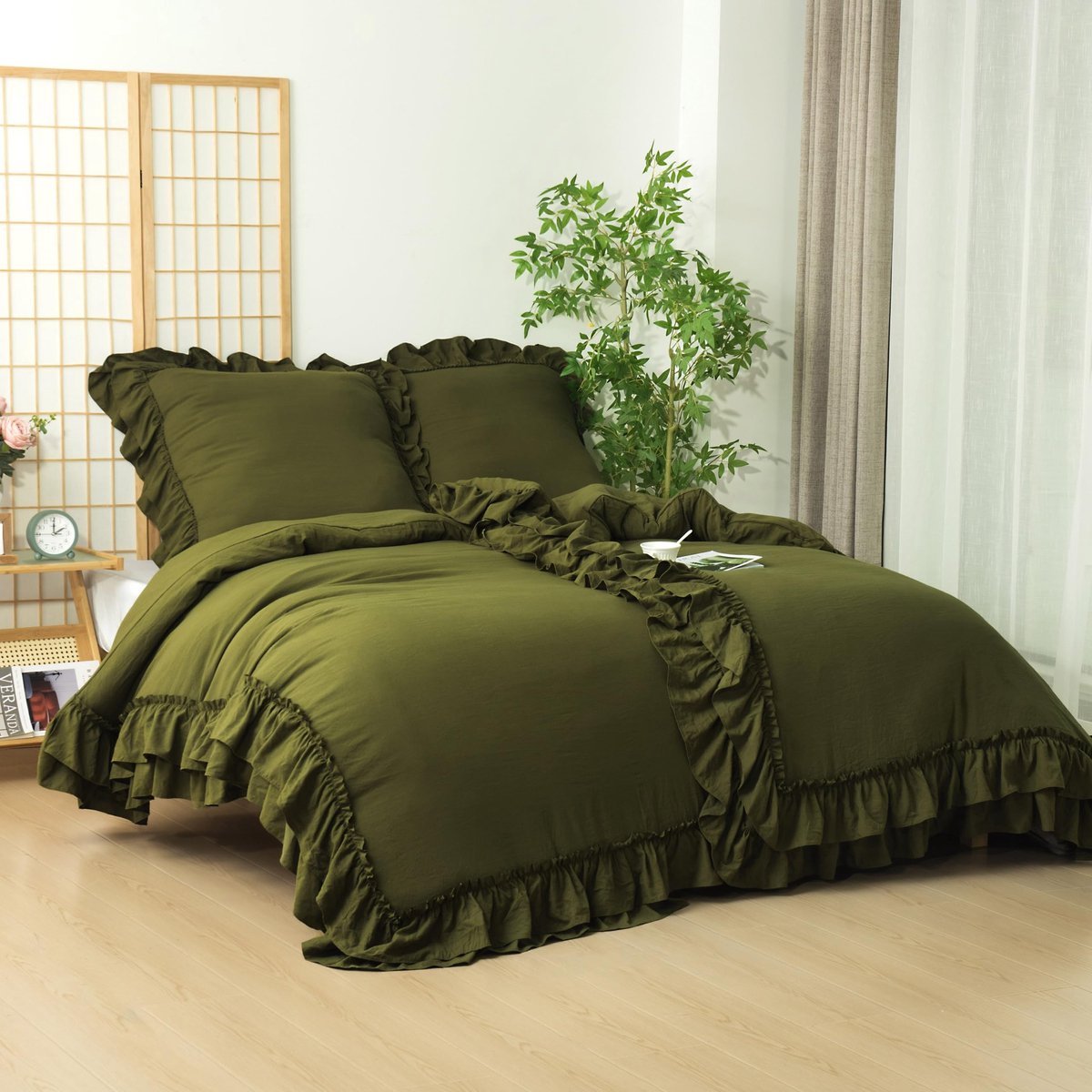Omgoods - Rimpel Beddengoed Set 135 x 200 cm in Olijfgroen