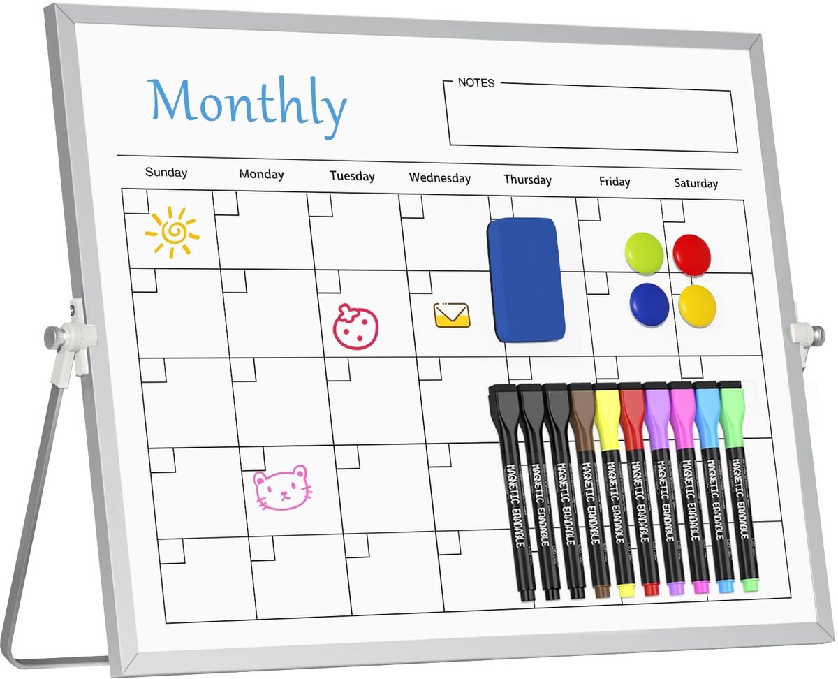 Omgoods- Maandplanner Magnetisch - Dubbelzijdig Whiteboard - Afwasbaar - Draagbaar Tafelbord - 30 x 40 cm - Standaard