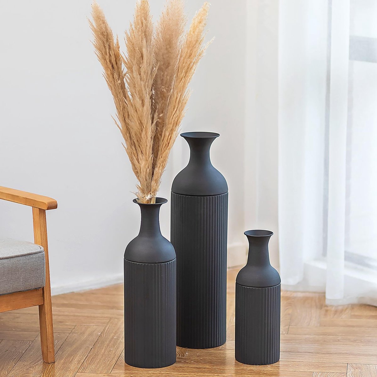 Omgoods - Grote Vaas Set - Moderne Ribbed Vloervazen voor Woonkamer en Eetkamer - Set van 3 in Zwart