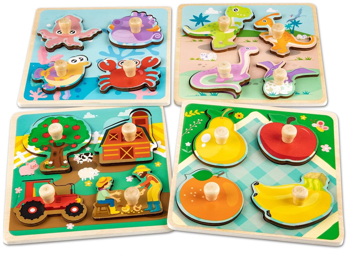 Omgoods- Houten Puzzel 4 Stuks - Montessori Speelgoed - Educatief Speelgoed - Cartoondieren - Houten Handvat - Veilig Hoogwaardig Hout