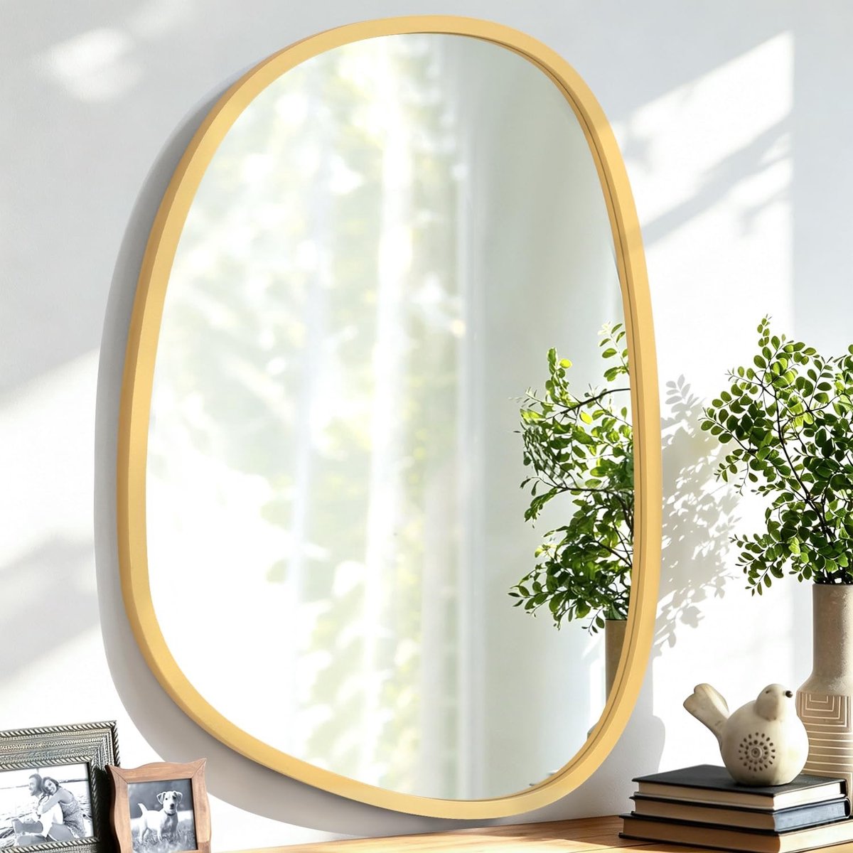 Omgoods - Onregelmatige Wandspiegel Houten Frame Modern Asymmetrisch - Voor Badkamer en Slaapkamer