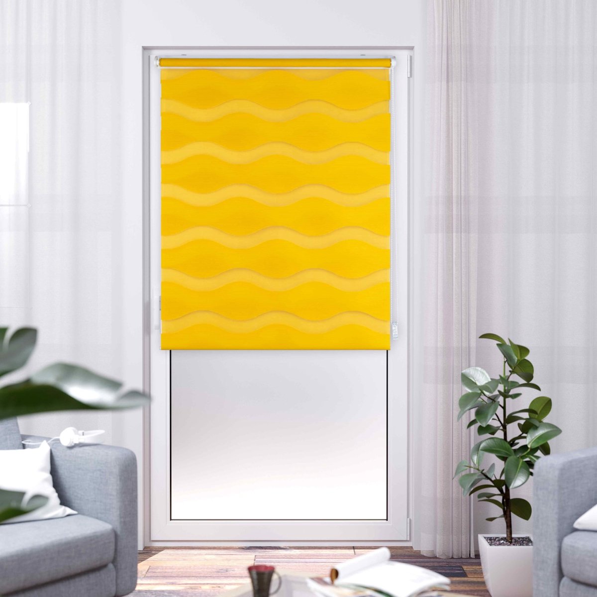Omgoods - Klemmfix Dubbel Rolgordijn - Golf - Geel - 55 x 200 cm