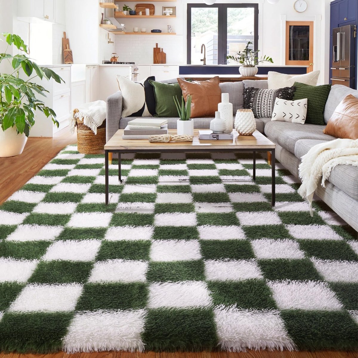 Omgoods - Plaid Vloerkleed voor Woonkamer - Wasbaar, Hoge Stapel, 90x150cm Olijfgroen en Wit