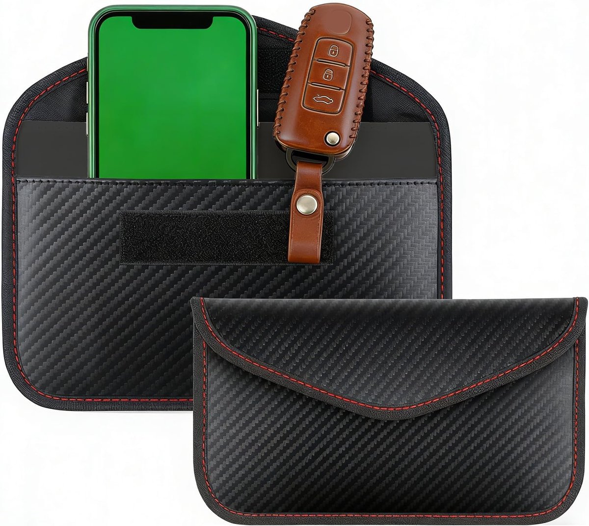 2 stuks Keyless Go-beschermtassen, 8,5 x 12 cm koolstofvezel Faraday-etui voor autosleutelhanger, signaalblokkering en anti-diefstal (zwart)
