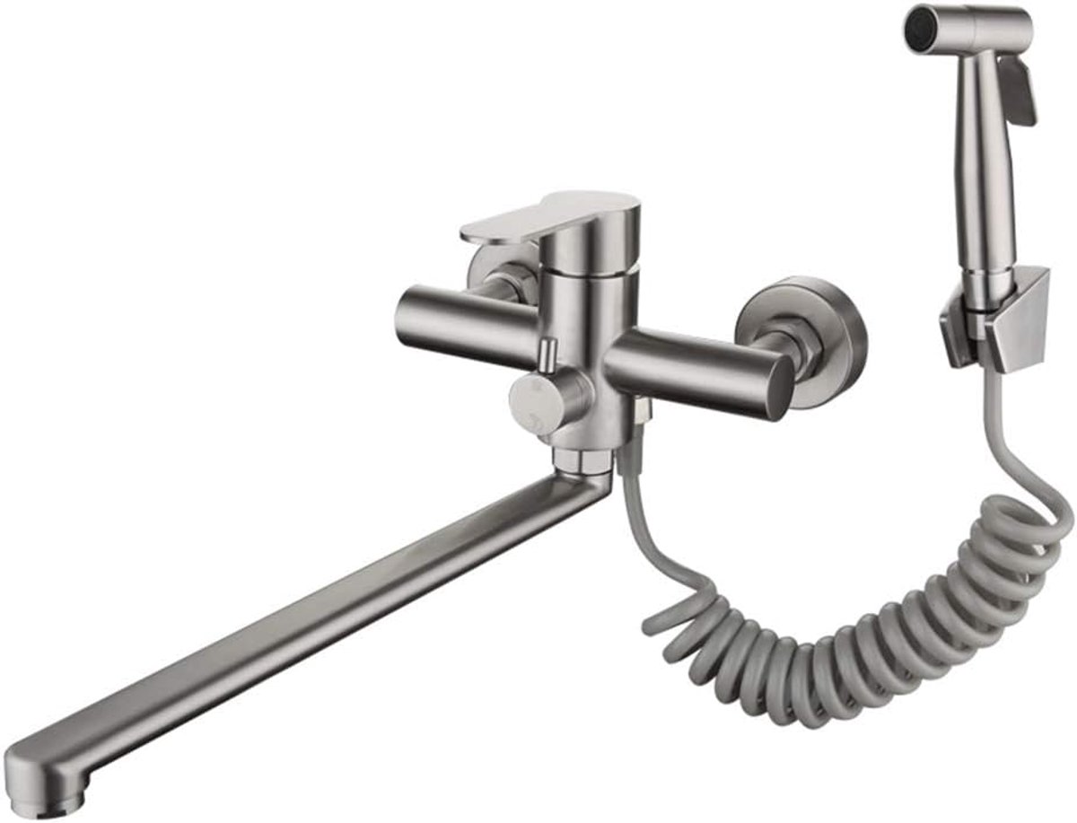 kraan keuken wandmontage wandarmatuur met spuitpistool en 2 soorten waterstraal keukenarmatuur spoelbakmengkraan spoelbakarmatuur 360 ¡ã draaibaar, geborsteld RVS