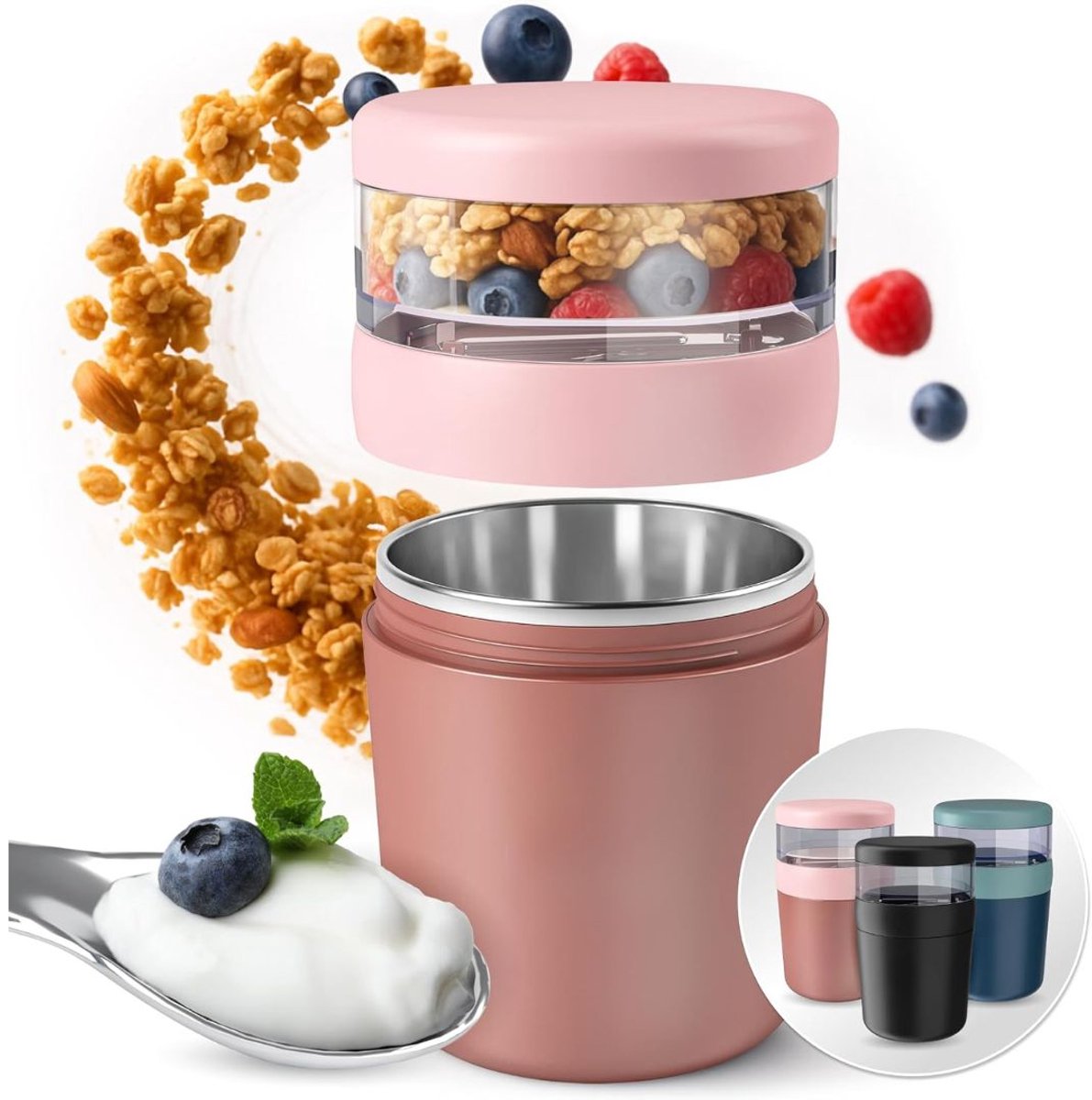 JCP® Yoghurt Beker To Go - Yoghurt Beker To Go met Lepel - Yoghurt en Muesli Beker To Go - Roze - 10cm x 10cm x 16cm