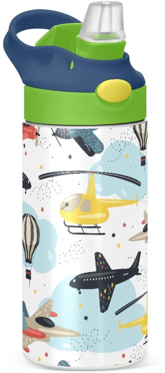 Omgoods - Schattige Vliegtuig Waterfles voor Kinderen met Rietje - 350ml Roestvrijstalen Drinkfles