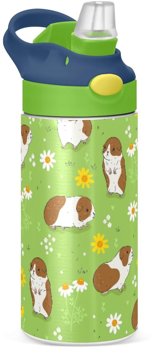 Omgoods - Guinea Pigs Waterfles met Rietje - Roestvrijstalen Drinkfles 350ml voor Kinderen