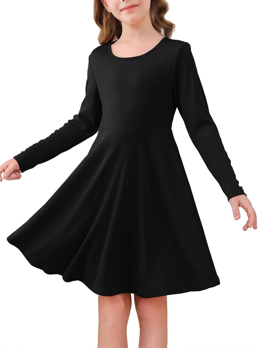Meisjesjurk met lange mouwen, ronde hals, vrijetijdsjurk, A-lijn, elegante partyjurk, effen, casual, midi-jurk, feestelijke bruiloft, kinderjurk, 5-14 jaar, zwart, 9-10 Jaar