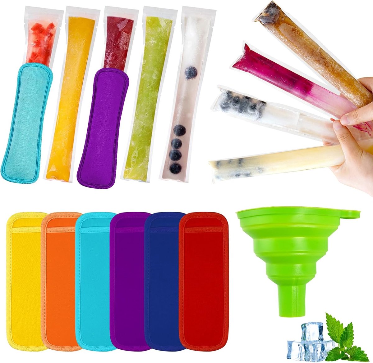 ijsset, 100 BPA-vrije zakjes, 5 neopreen beha's, incl. trechter