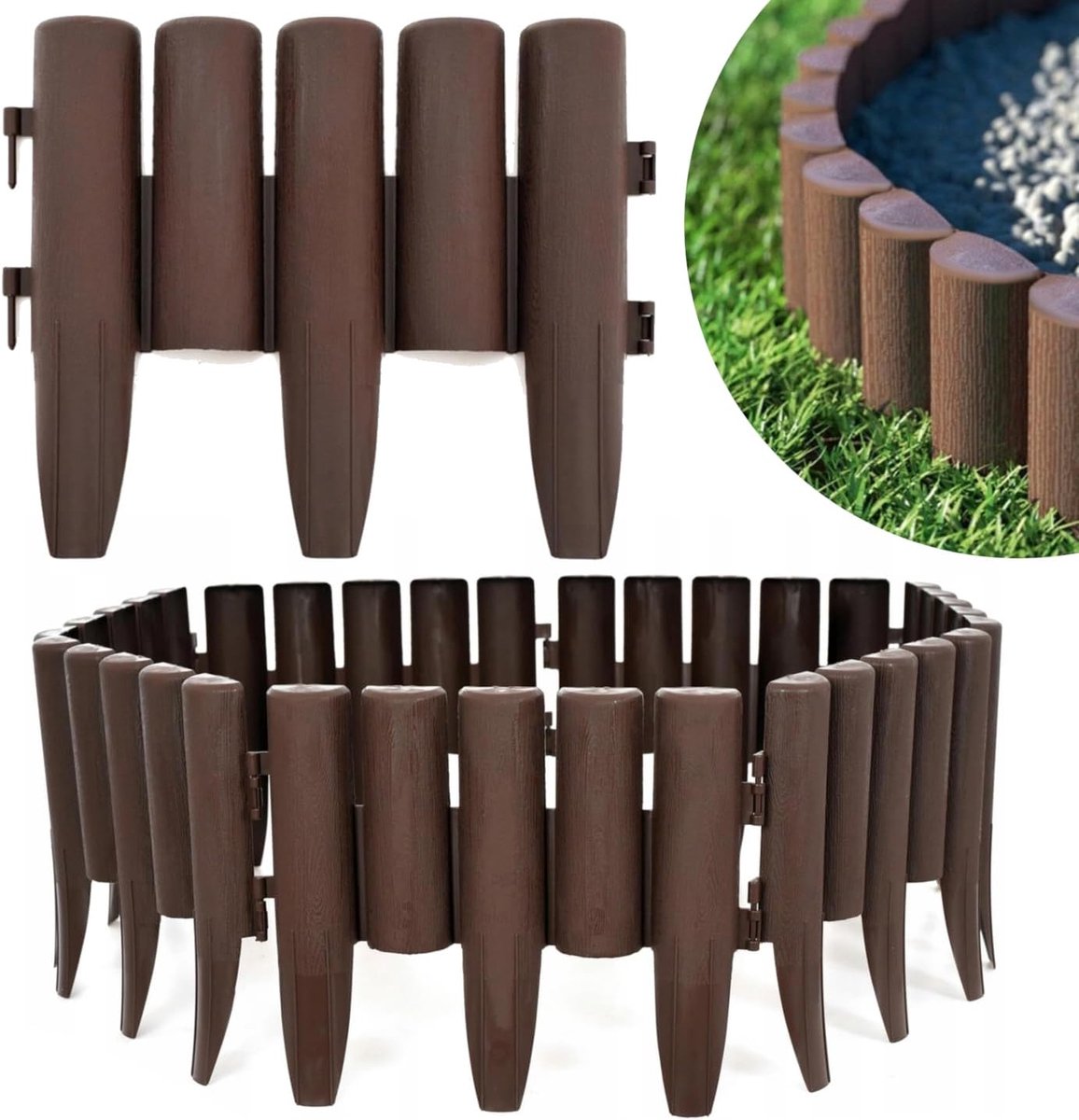 Gazonrand kunststof houtlook, 10 stuks set 2,8 meter, hoogte 24 cm, bloembed omranding, tuin, flexibele bloembedomranding, weerbestendig, uv- en vorstbestendig, eenvoudige montage, bruin