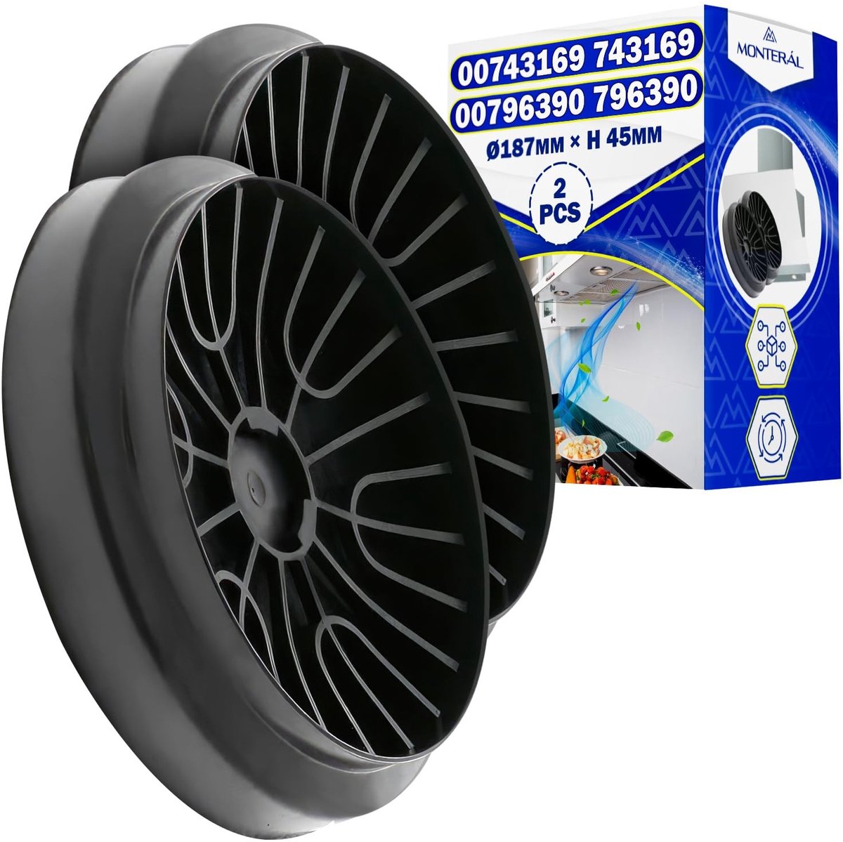 Omgoods - 2 Stuks Koolstoffilters voor Afzuigkap - Ø187 x H 45 mm - Geschikt voor Bosch, Neff en Siemens