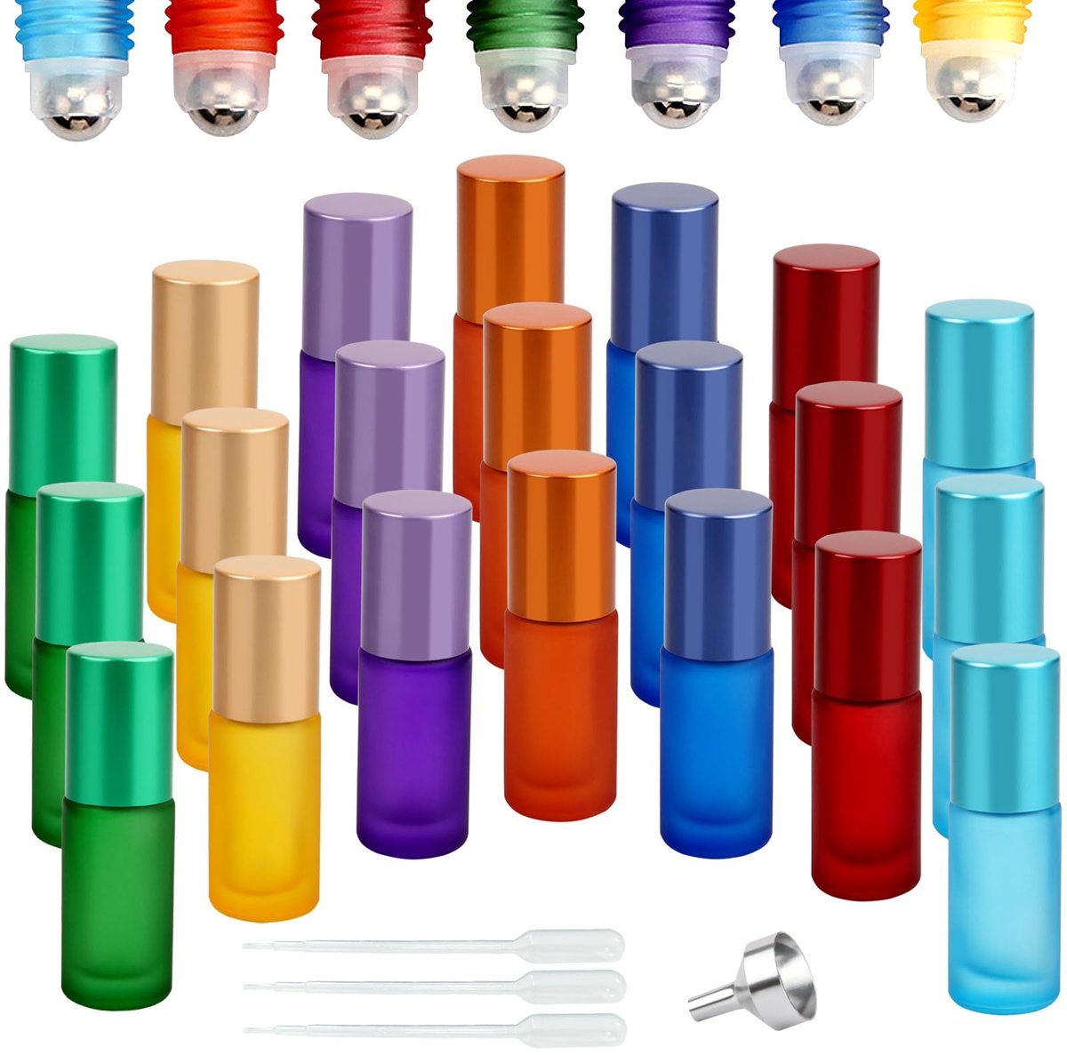 Omgoods- Roll-on Flessen 21 Stuks - 5 ml - Roestvrij Stalen Rollerballen - Lekvrije Opening - Veelkleurige Glazen Flessen - Perfect voor Etherische Olie - Olieflessen