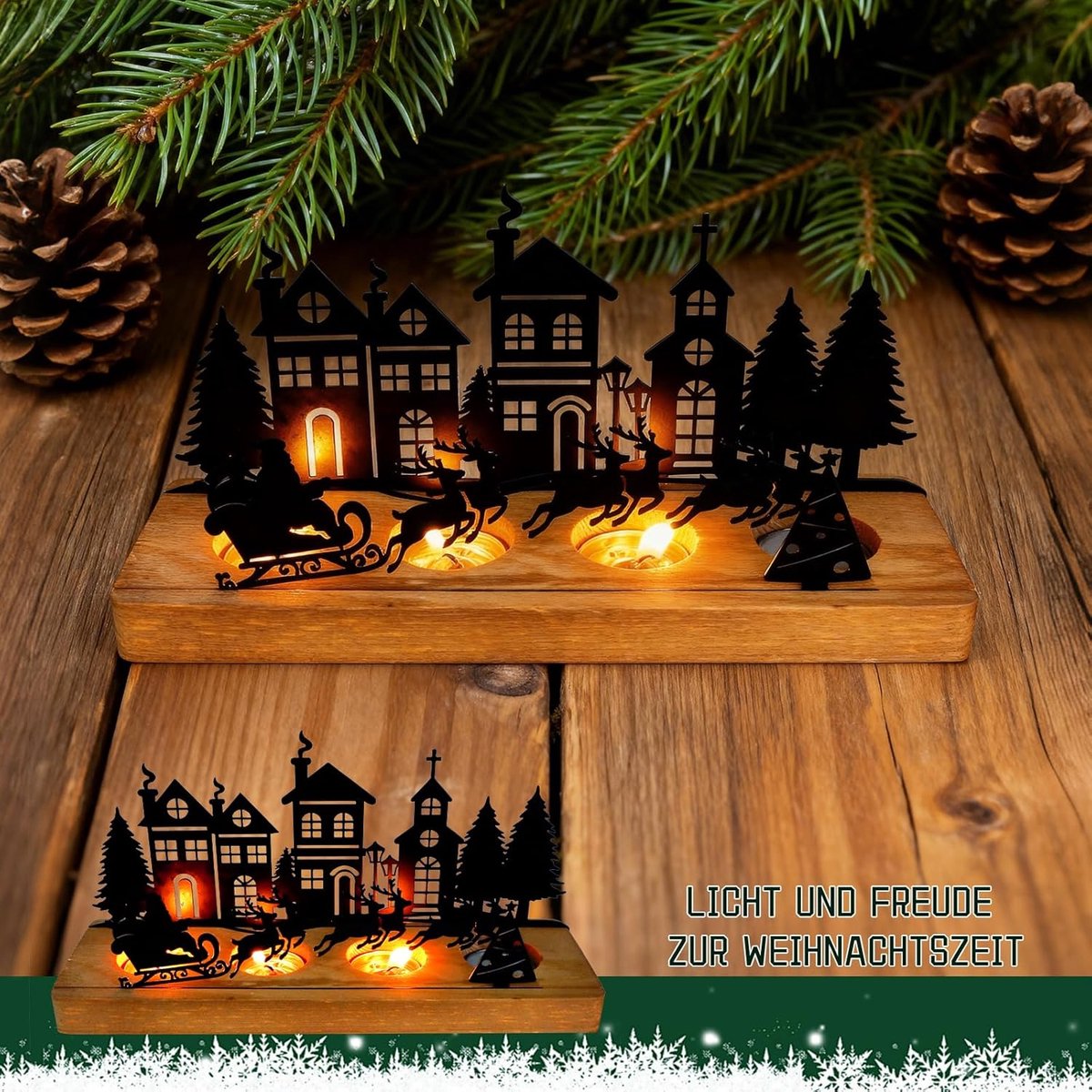 kaarsenhouder hout metaal, theelichthouder kerstmis adventskrans kaarsentablet, kaarsenstandaard met kerstman & 6 rendieren, adventsstuk tafeldecoratie kerstdecoratie