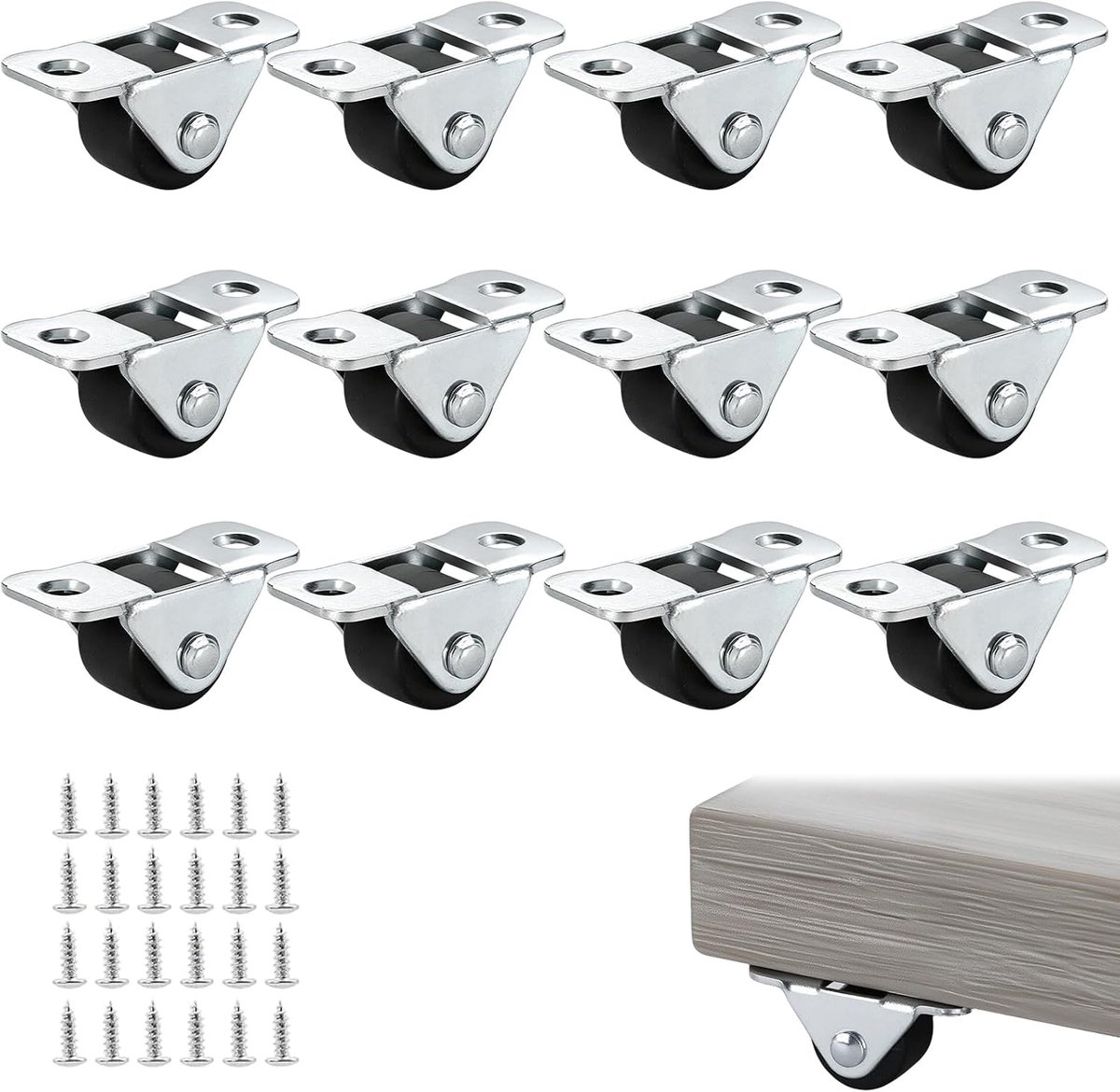 12 Stuks Meubelwielen Klein 1.2 cm, rubberen bokwielen met stalen plaat, geluidsarme mini zwenkwielen zonder krassen voor meubels, gereedschapskisten, opbergdozen en DIY projecten