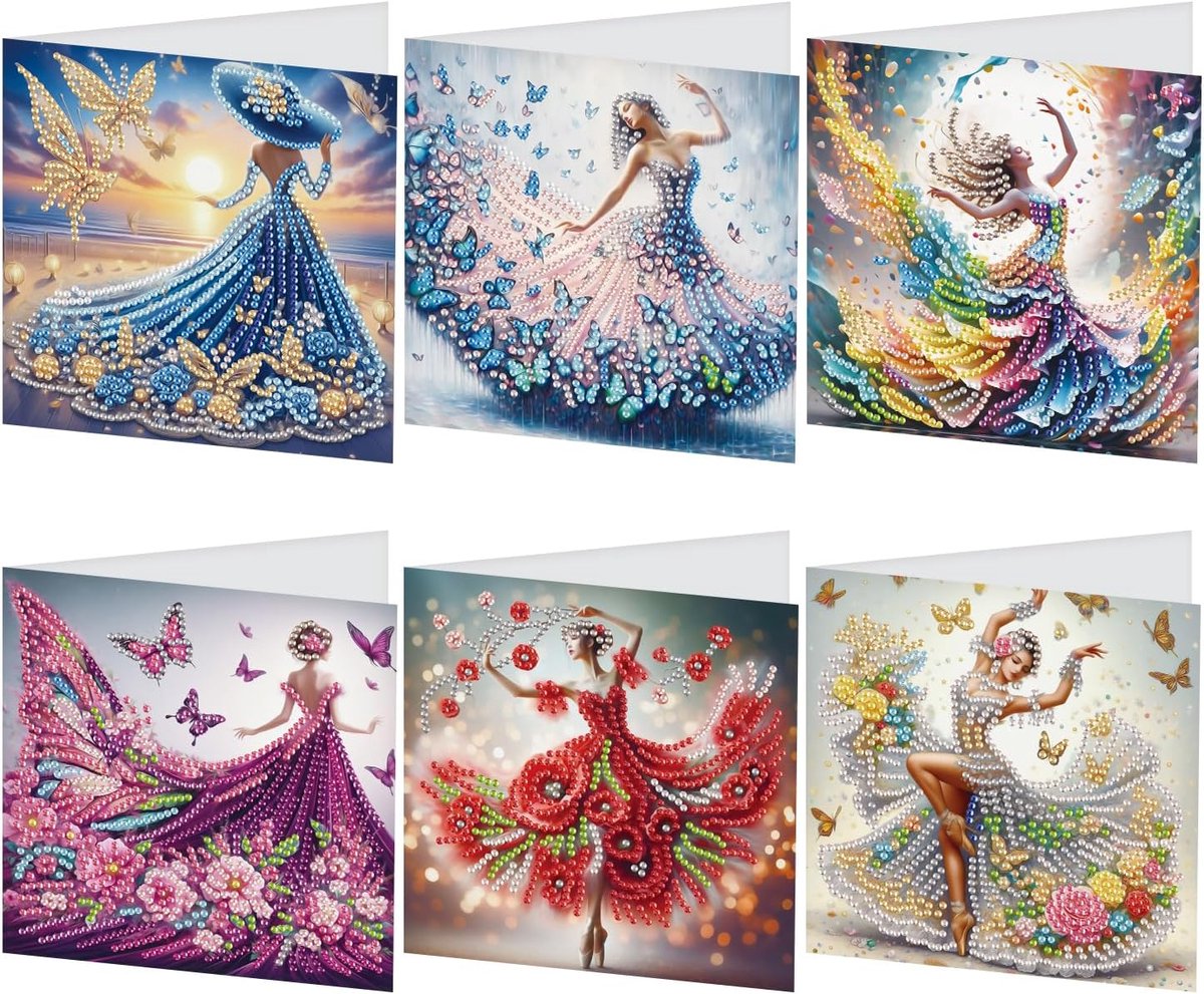 Set van 6 Diamond Painting wenskaarten, ballerina, diamond painting-kaarten, verjaardagskaarten, bedankkaart, zegenkaart, feestdagkaarten, borduurwerk, kruissteek, diamantschilderij, cadeau
