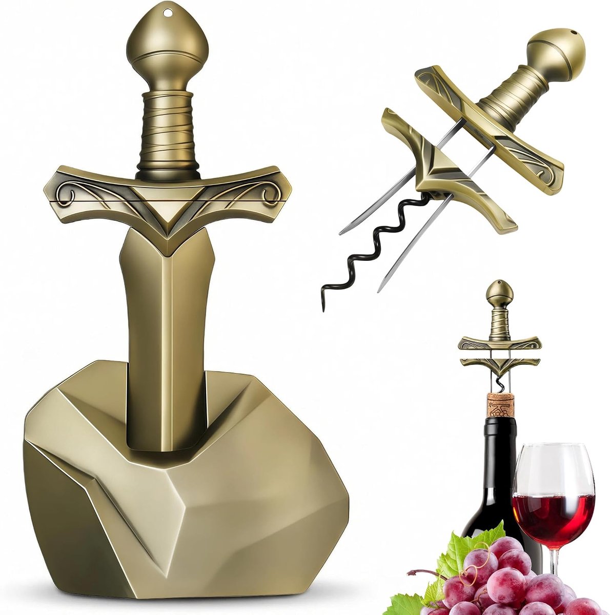 So wijnopener, Excalibur zwaardwijnkurkentrekker met displaybasis, premium zinklegering vintage bronzen kurkentrekker voor breekbare kurken, unieke wijngeschenken voor vader, verzamelaars en luxe