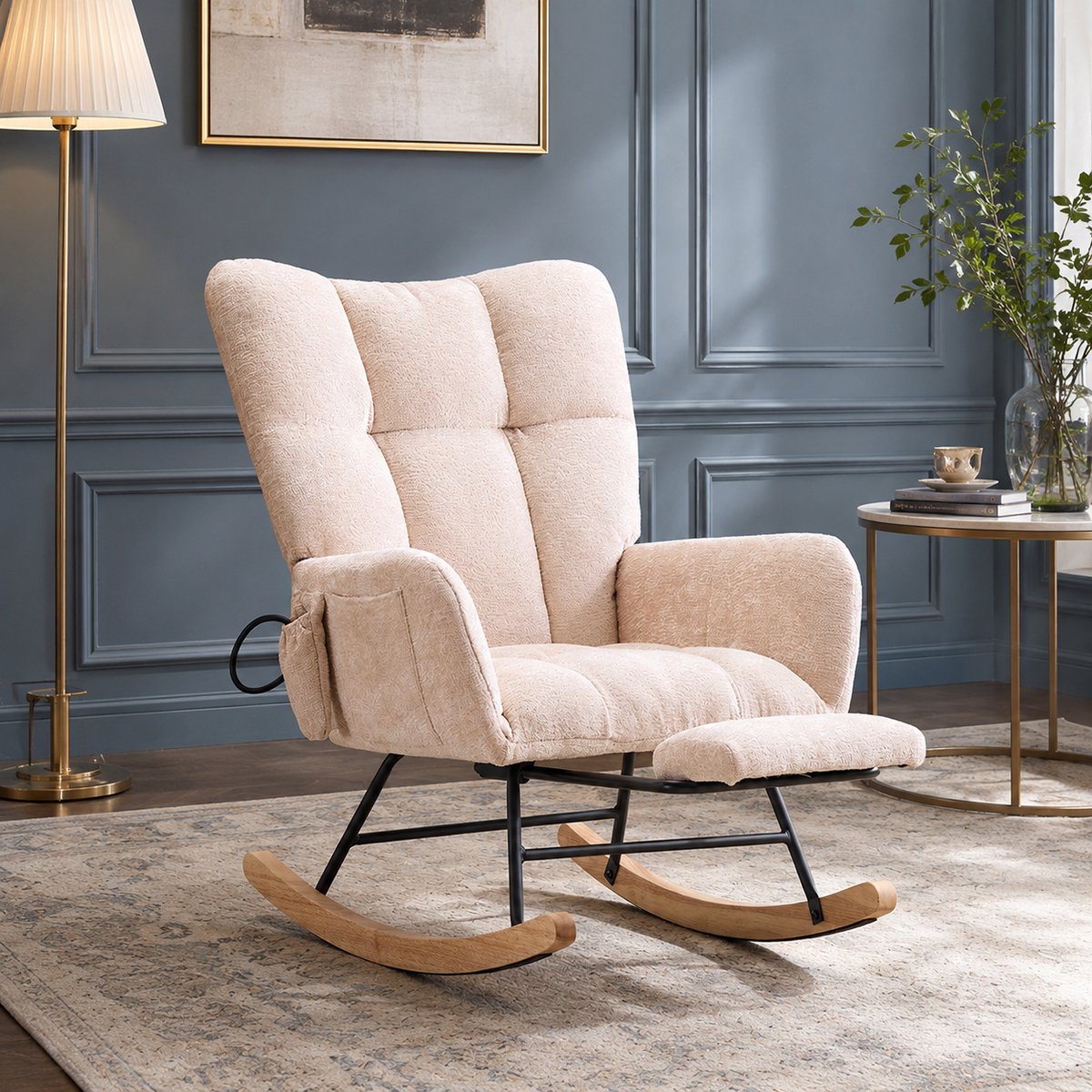 Schommelstoel - Fauteuil - Voedingsstoel - Comfortabele Relaxstoel - Leesstoel - Met voetenbank - Met een hoge rugleuning - Chenillestof - Geschikt voor woonkamer, slaapkamer en kantoor - Beige